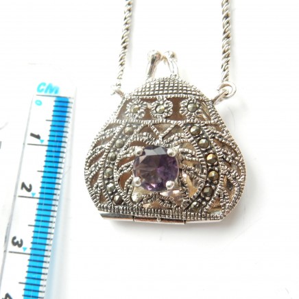 Photo of Vintage Amethyst Glass Marcasite Filigree Purse Locket Necklace Sterling Silver