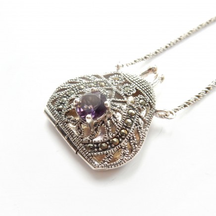 Photo of Vintage Amethyst Glass Marcasite Filigree Purse Locket Necklace Sterling Silver