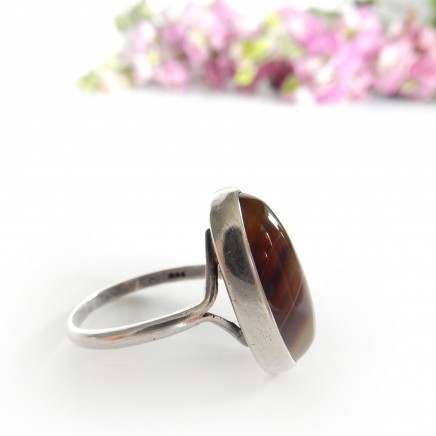 Photo of Vintage Antique Banded Agate Navette Ring Sterling Silver US Size 6