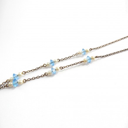 Photo of Vintage Art Deco Blue Crystal Glass Pearl Necklace Dainty Lavalier Pendant