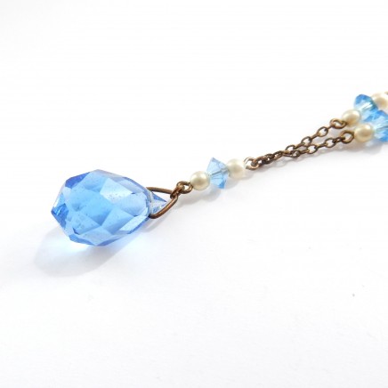 Photo of Vintage Art Deco Blue Crystal Glass Pearl Necklace Dainty Lavalier Pendant