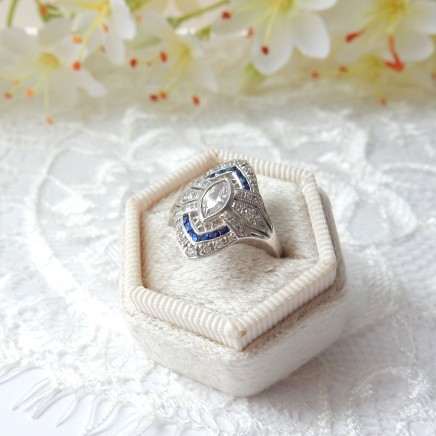 Photo of Vintage Art Deco Blue Filigree CZ Crystal Sterling Silver Ring Size 6 1/4