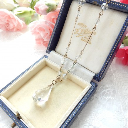 Photo of Vintage Art Deco Crystal Glass Necklace Dainty Lavalier Pendant