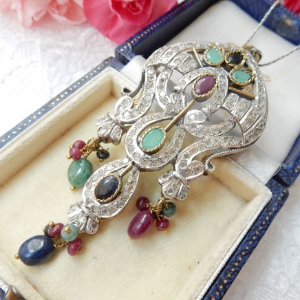 Photo of Vintage Art Deco Emerald Ruby Sapphire Lavalier Necklace Sterling Silver Fine Jewelry