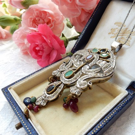 Photo of Vintage Art Deco Emerald Ruby Sapphire Lavalier Necklace Sterling Silver Fine Jewelry