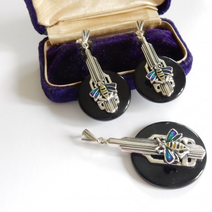 Photo of Vintage Art Deco Enamel Butterfly Sterling Silver Jewelry Set