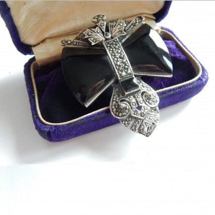Photo of Vintage Art Deco Marcasite & Onyx Brooch Sterling Silver