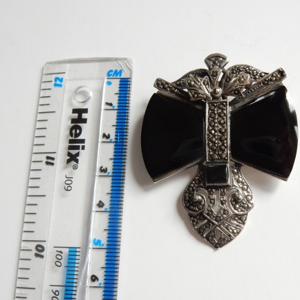 Photo of Vintage Art Deco Marcasite & Onyx Brooch Sterling Silver