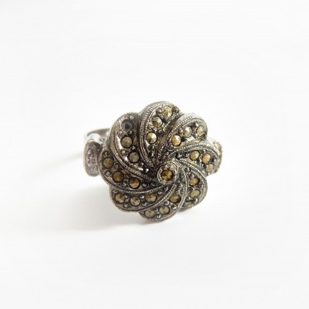Photo of Vintage Art Deco Marcasite Ring Sterling Silver Flower Ring Size 7.5