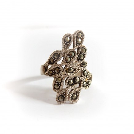 Photo of Vintage Art Deco Marcasite Ring Sterling Silver Navette Ring Size 8
