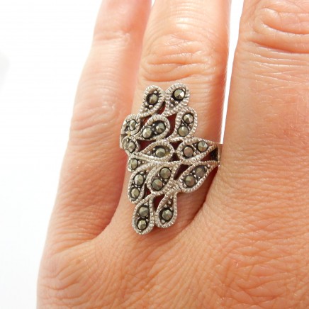 Photo of Vintage Art Deco Marcasite Ring Sterling Silver Navette Ring Size 8