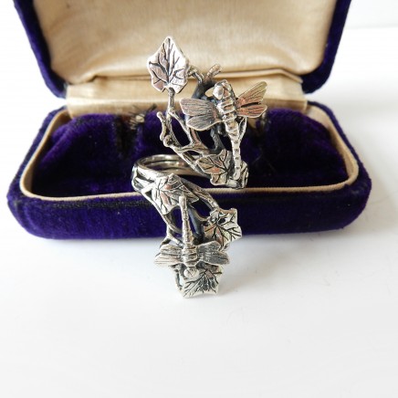 Photo of Vintage Art Nouveau Dragonfly Vine Leaf Ring Solid Silver Adjustable Ring