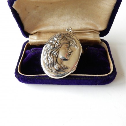 Photo of Vintage Art Nouveau Lady Locket Sterling Silver Pendant