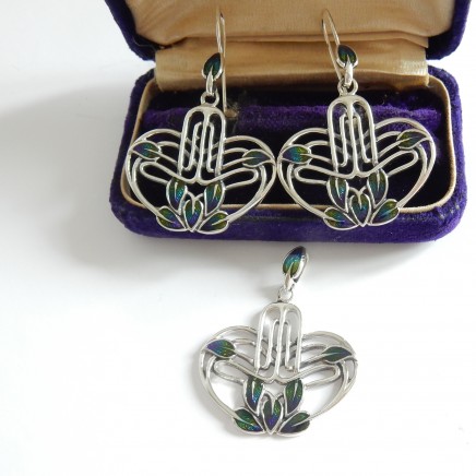 Photo of Vintage Arts & Crafts Mackintosh Enamel Sterling Silver Jewelry Set