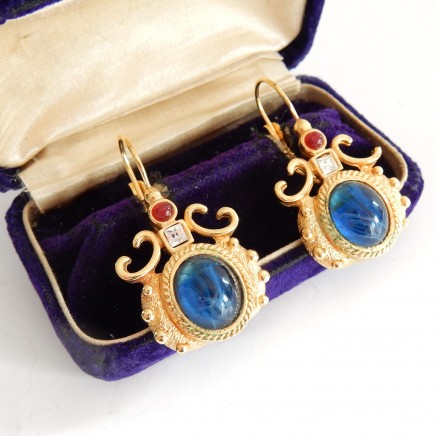 Photo of Vintage Blue Moonstone Cabouchon Gold Droplet Earrings