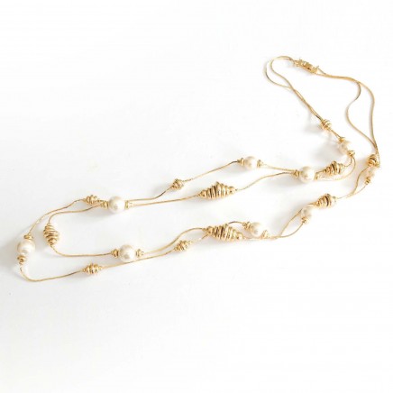 Photo of Vintage Brass Gold Faux Pearl Long Strand Necklace