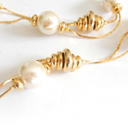 Photo of Vintage Brass Gold Faux Pearl Long Strand Necklace