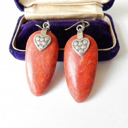 Photo of Vintage Coral Heart Earrings Solid Silver