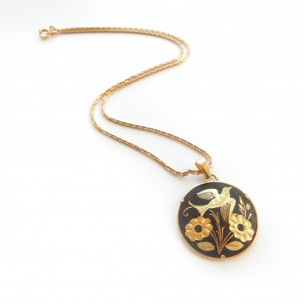 Photo of Vintage Damascene Gold Bird Necklace Pendant & Chain