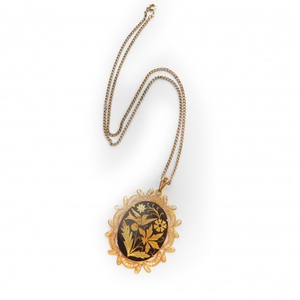 Photo of Vintage Damascene Gold Filigree Bird Necklace Pendant & Chain