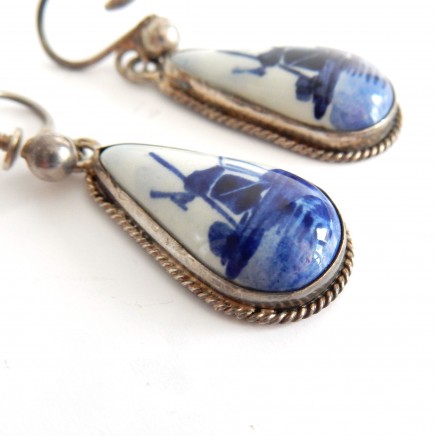 Photo of Vintage Delft Dutch Pottery Droplet Earrings Signed