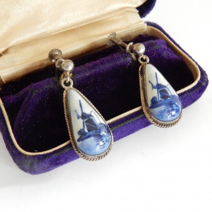 Photo of Vintage Delft Dutch Pottery Droplet Earrings Signed