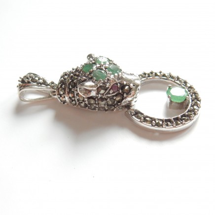 Photo of Vintage Emerald & Ruby Panthere Cat Pendant Sterling Silver