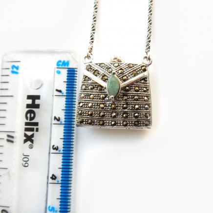 Photo of Vintage Emerald Marcasite Filigree Purse Locket Necklace Sterling Silver