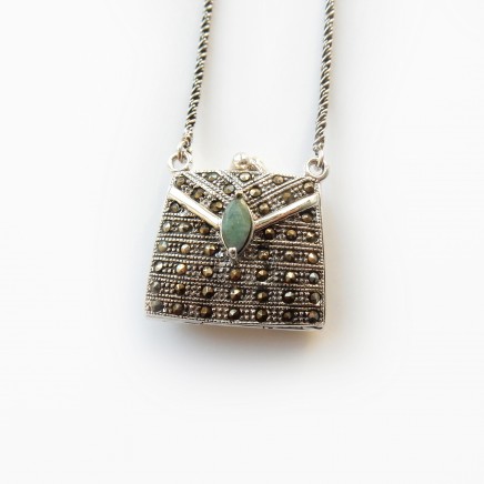 Photo of Vintage Emerald Marcasite Filigree Purse Locket Necklace Sterling Silver