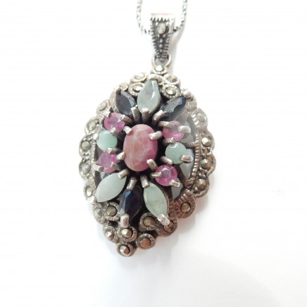 Photo of Vintage Emerald Ruby Sapphire Lavalier Pendant Necklace Sterling Silver Jewelry