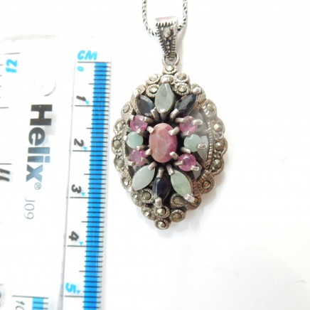 Photo of Vintage Emerald Ruby Sapphire Lavalier Pendant Necklace Sterling Silver Jewelry