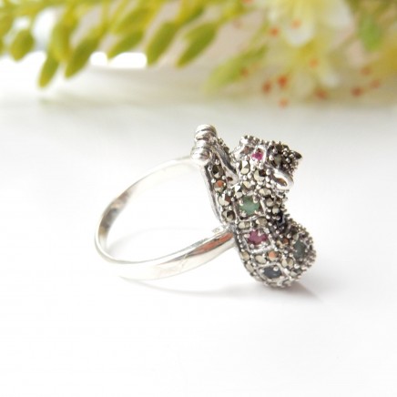 Photo of Vintage Emerald Ruby Sapphire Leopard Cat Ring Sterling Silver US Size 7 1/4
