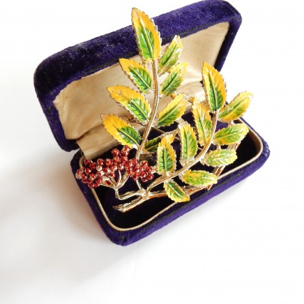 Photo of Vintage Exquisite Enamel Berries & Leaf Bouquet Pin Brooch