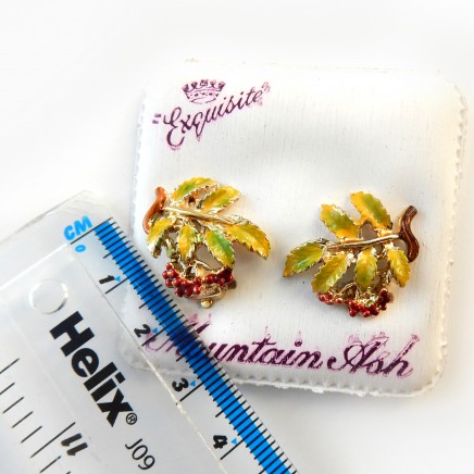 Photo of Vintage Exquisite Enamel Leaf Earrings Mountain Ash