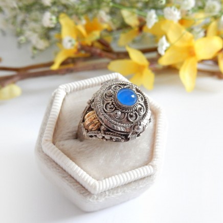 Photo of Vintage Filigree Blue Cabochon Poison Ring Sterling Silver Locket Ring Size 7.5