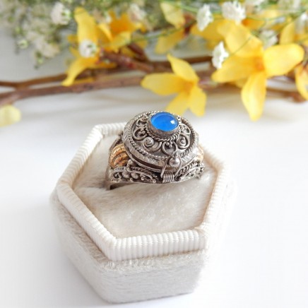 Photo of Vintage Filigree Blue Cabochon Poison Ring Sterling Silver Locket Ring Size 7.5