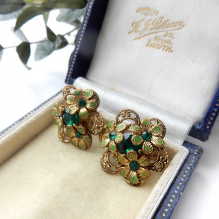 Photo of Vintage Filigree Czech Glass Emerald Enamel Screw Back Earrings
