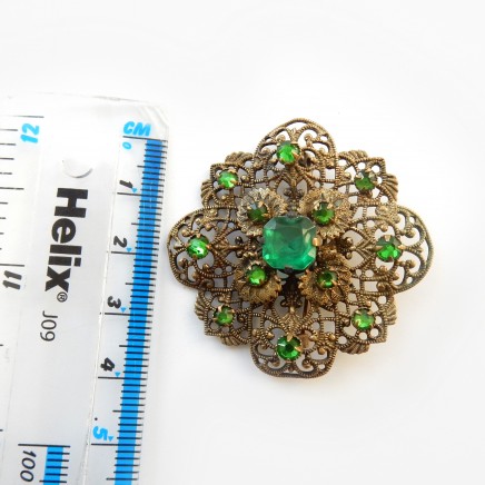 Photo of Vintage Filigree Green Czech Glass Brooch Pin