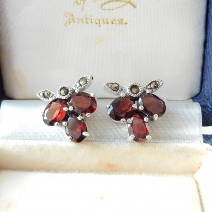 Photo of Vintage Garnet Marcasite Flower Earrings Sterling Silver