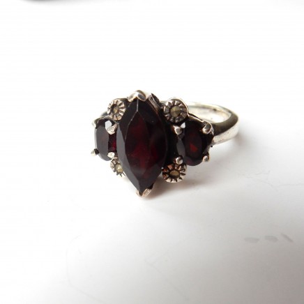 Photo of Vintage Garnet Marcasite Ring Solid Silver Size 8