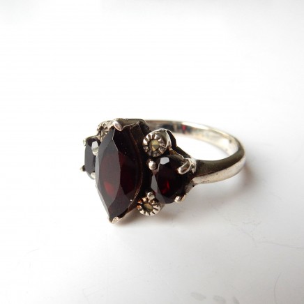 Photo of Vintage Garnet Marcasite Ring Solid Silver Size 8