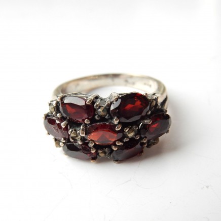 Photo of Vintage Garnet Marcasite Ring Solid Silver Size 8.5