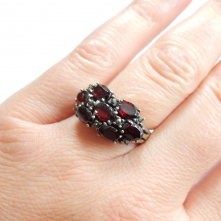 Photo of Vintage Garnet Marcasite Ring Solid Silver Size 8.5