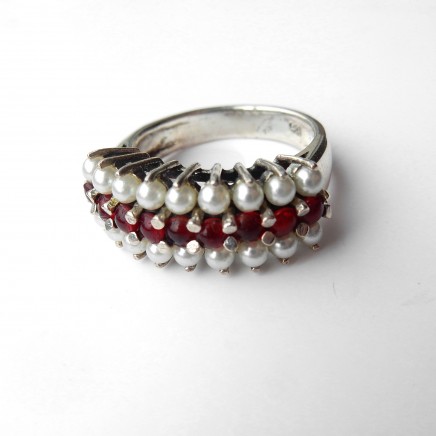 Photo of Vintage Garnet Seed Pearl Ring Solid Silver Size 8