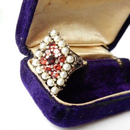 Photo of Vintage Garnet Seed Pearl Ring Solid Silver Size 8