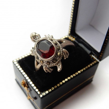 Photo of Vintage Garnet Turtle Ring Solid Silver Marcasite Size 7