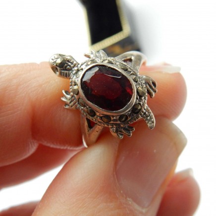 Photo of Vintage Garnet Turtle Ring Solid Silver Marcasite Size 7