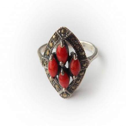 Photo of Vintage Genuine Coral Ring Solid Silver Marcasite Size 8.5