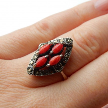 Photo of Vintage Genuine Coral Ring Solid Silver Marcasite Size 8.5