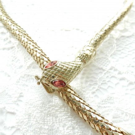 Photo of Vintage Gold Mesh Snake Serpent Necklace Pink Rhinestone 1980s Costume Jewelery